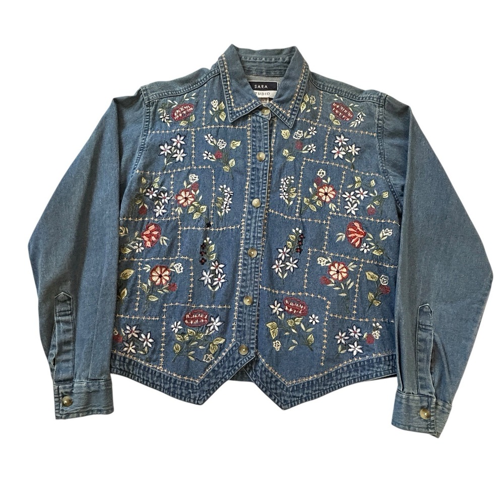 Vtg Sara Studio Embroidered Denim Top /Jacket Sz S Cottagecore Artsy Garden